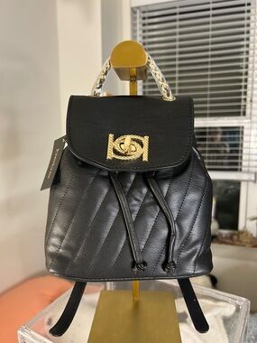 Bebe Black Quilted Vegan Leather Mini Backpack with Gold Hardware 8”x 7”x 3” NWT